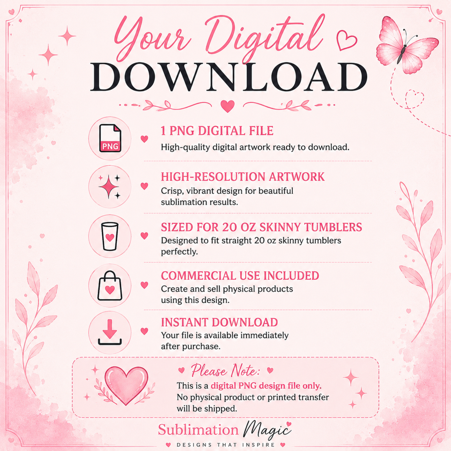 Luxury Blue & Pink Designer Inspired 20 oz Skinny Tumbler Wrap Sublimation Design Digital Download