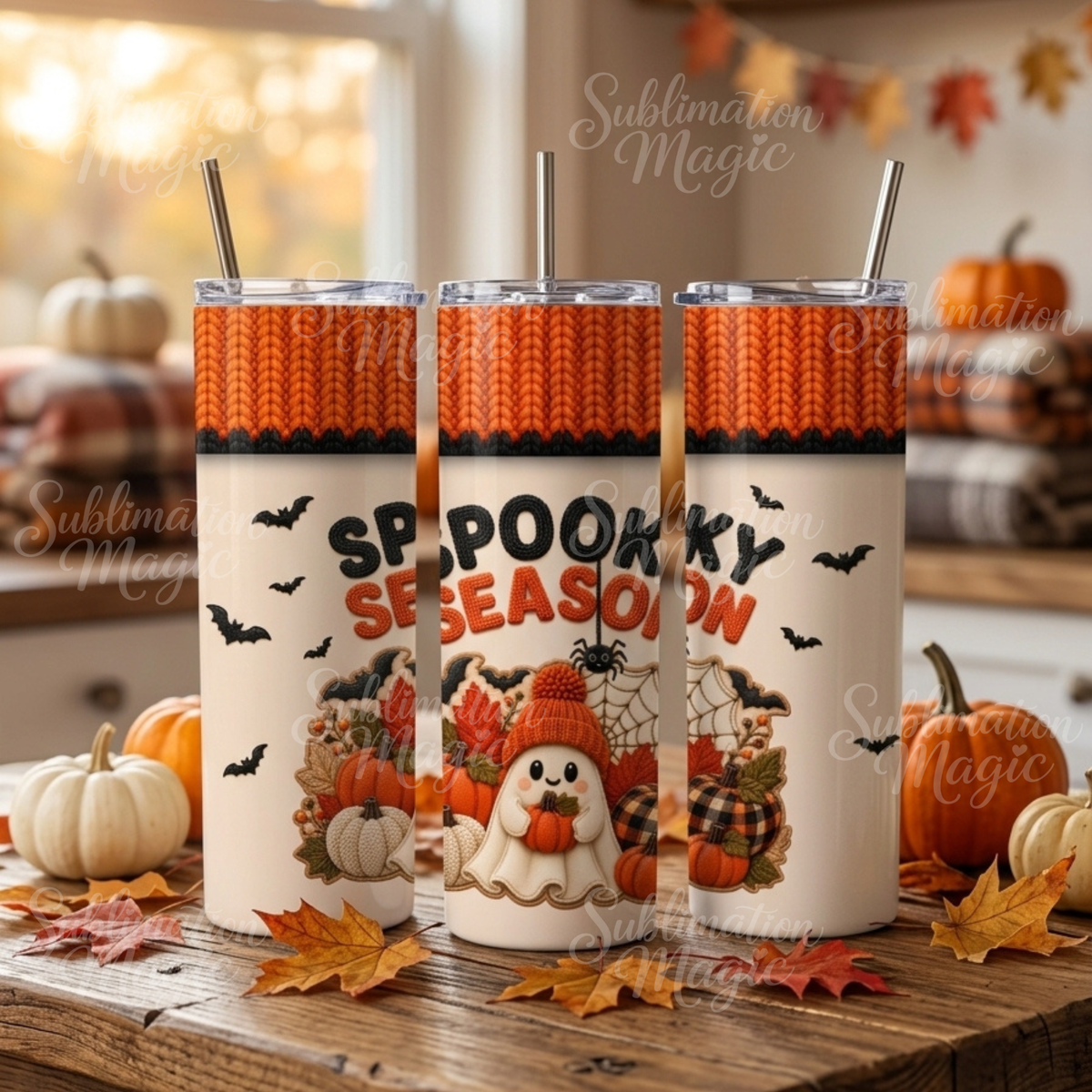 Spooky Season Fall Cute Ghost Halloween 20 oz Skinny Tumbler Wrap Digital Design