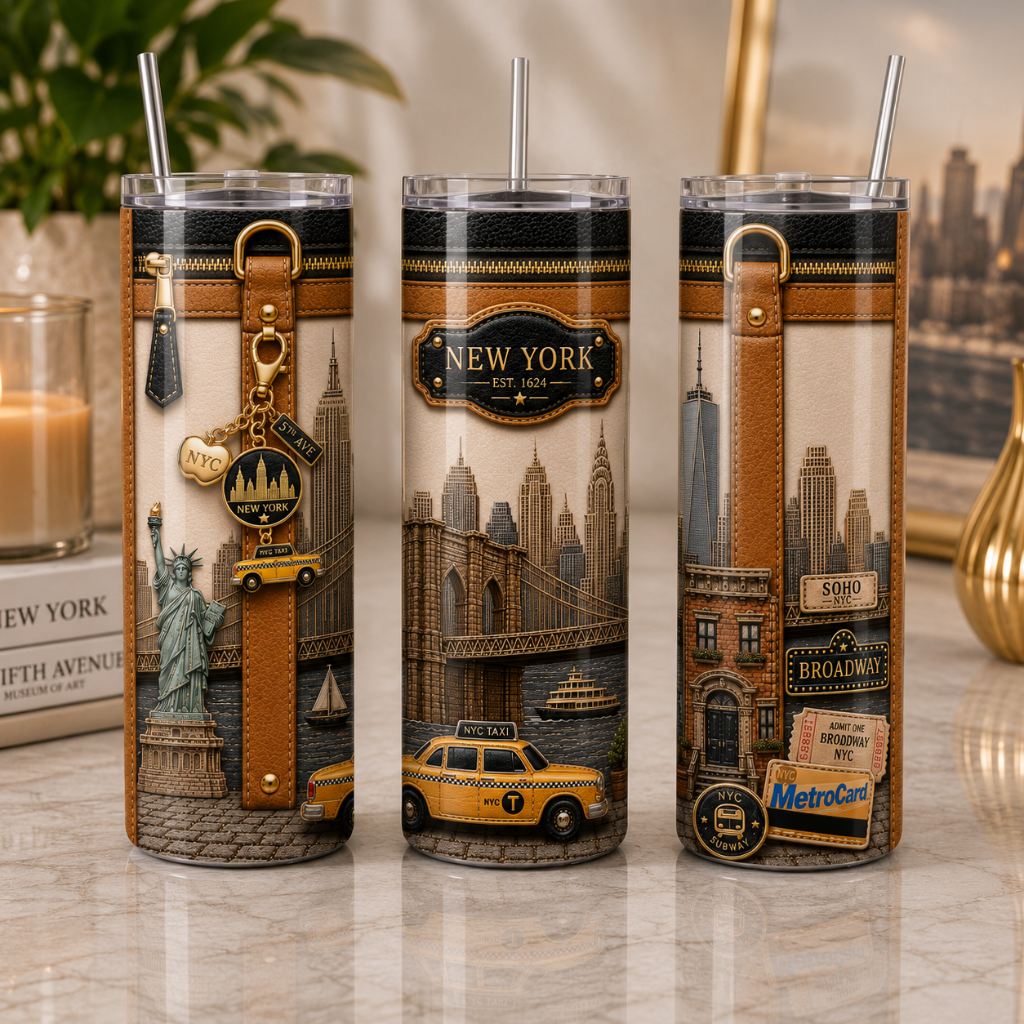 Luxury New York City Travel 20 oz Skinny Tumbler Wrap Sublimation Design Digital Download