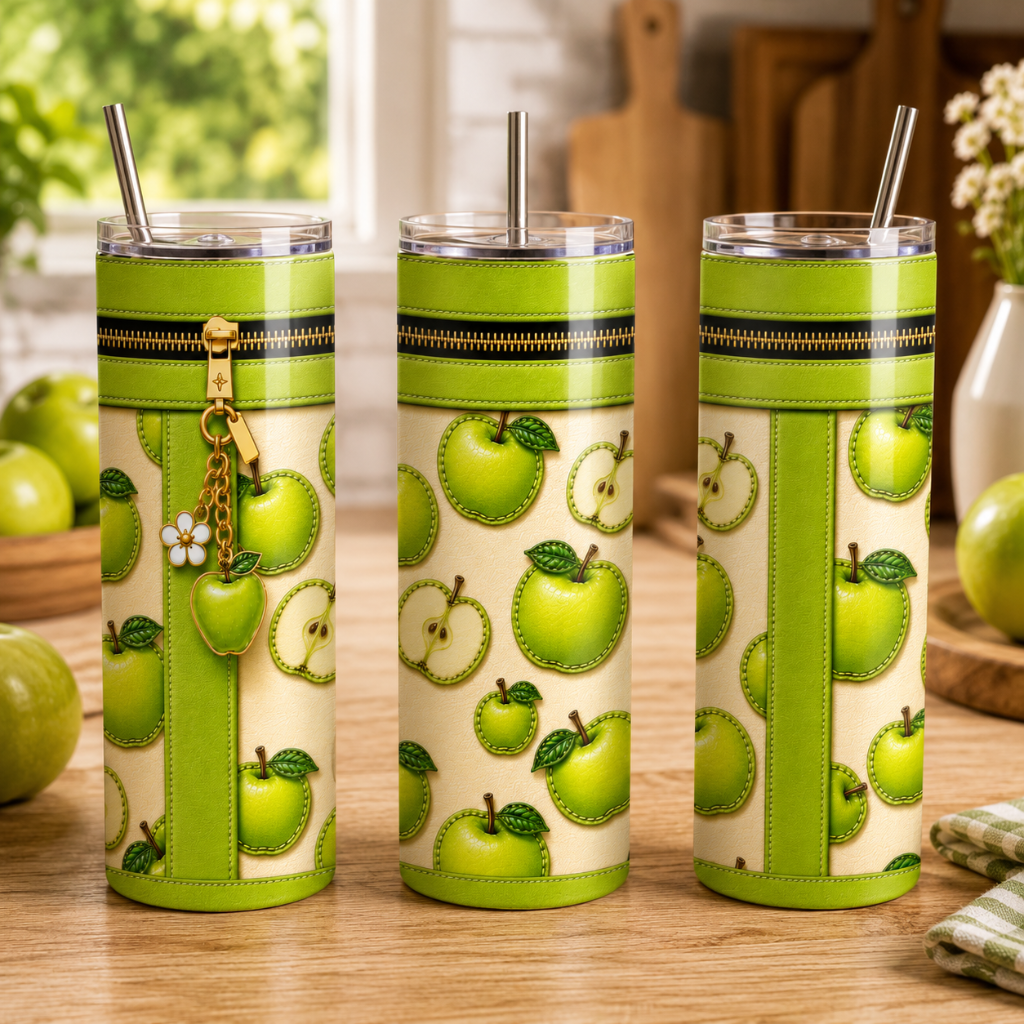 Luxury Green Apple Purse-Inspired 20oz Skinny Tumbler Wrap PNG Faux Leather Sublimation Design Digital Download