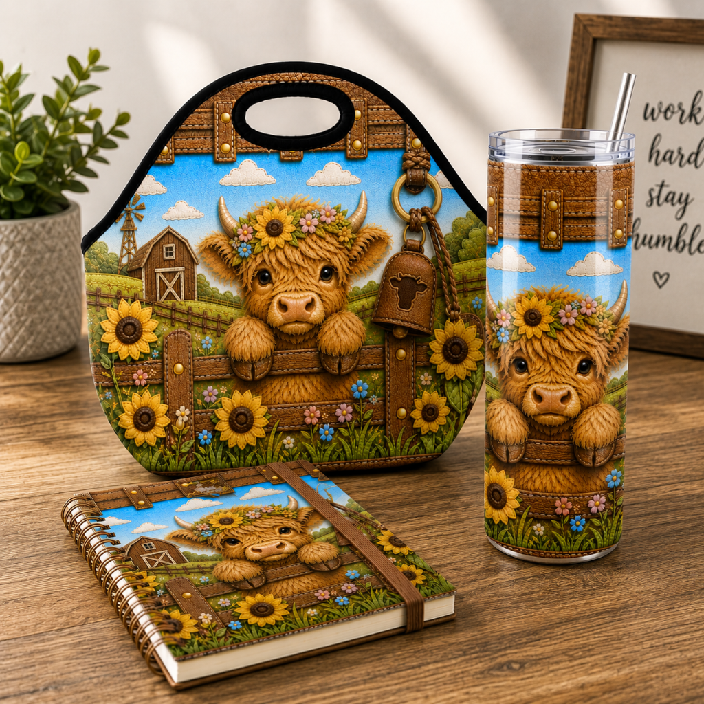 Luxury Highland Cow Sunflower 20 oz Skinny Tumbler Wrap Farm Purse-Inspired Sublimation Design Digital Download