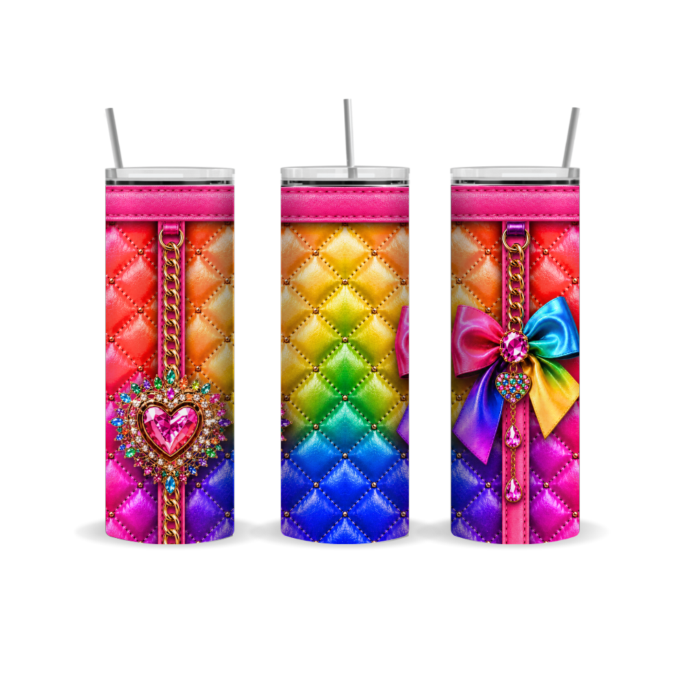 Rainbow Quilted Leather 20 oz Skinny Tumbler Wrap PNG Sublimation Design Digital Download