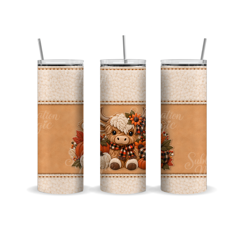 Fall Highland Cow 20 oz Skinny Seamless Tumbler Wrap Sublimation Design Digital Download