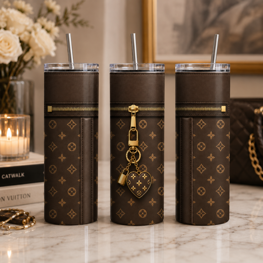 Luxury Brown Purse-Inspired 20 oz Skinny Tumbler Wrap Sublimation Design Digital Download