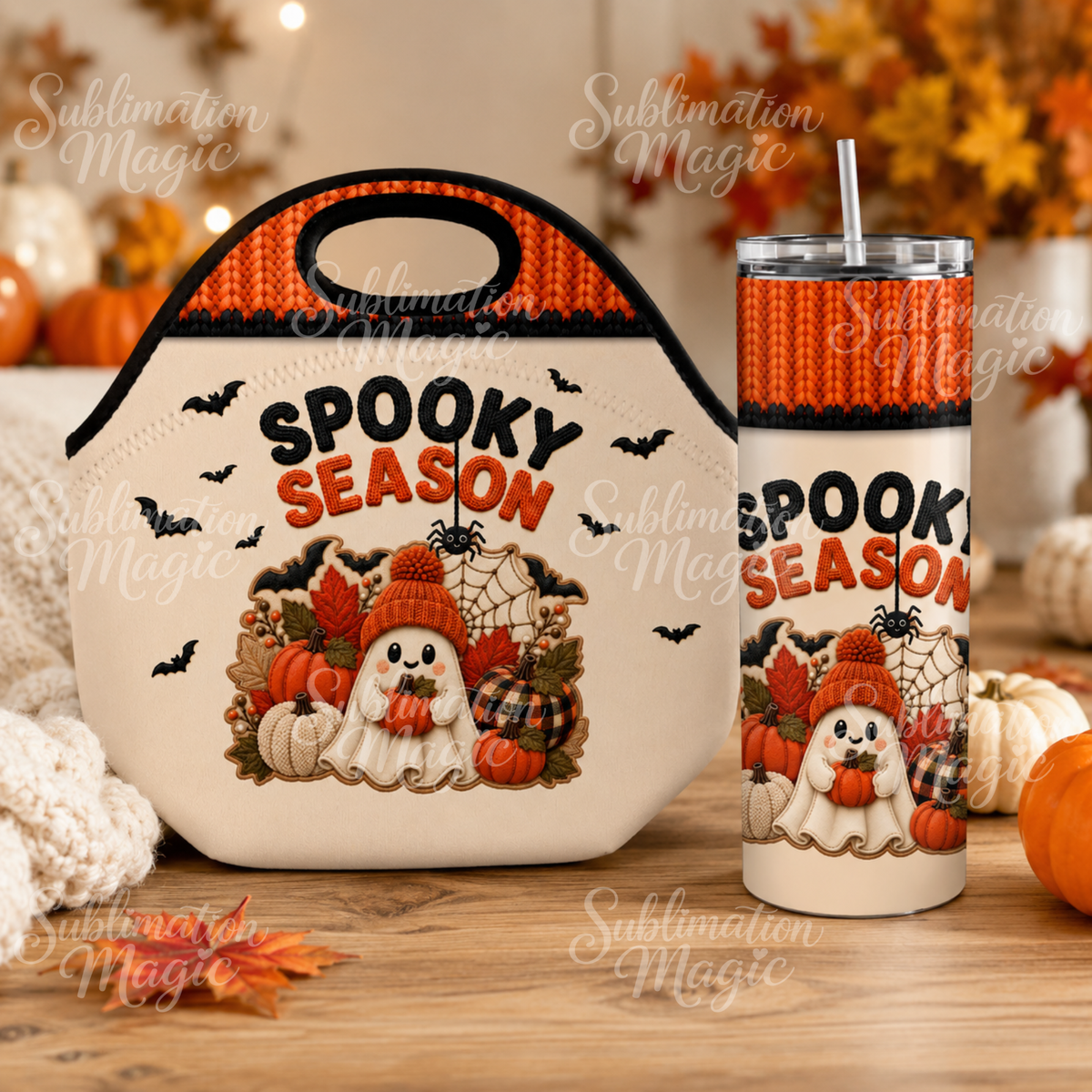 Spooky Season Fall Cute Ghost Halloween 20 oz Skinny Tumbler Wrap Digital Design
