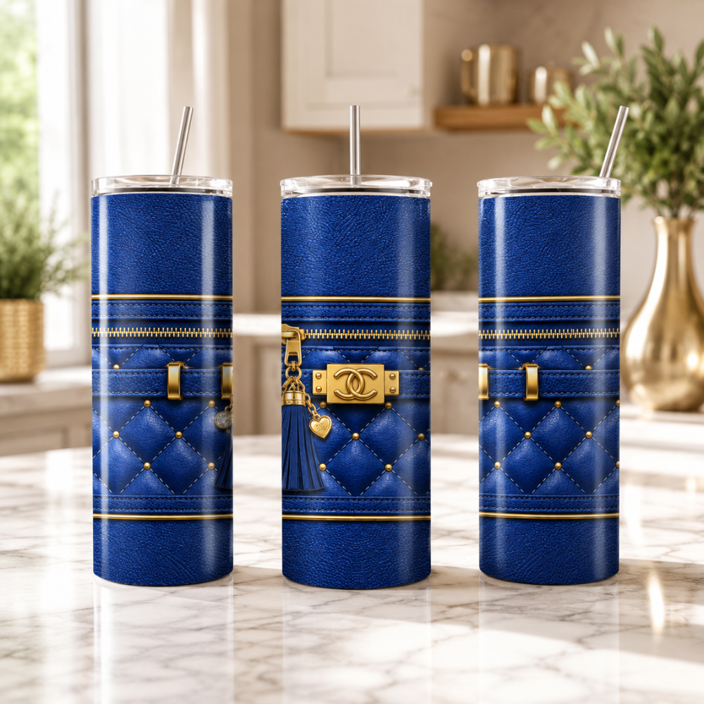 Luxury Blue Quilted Purse Seamless 20 oz Skinny Tumbler Wrap PNG Sublimation Design Digital Download