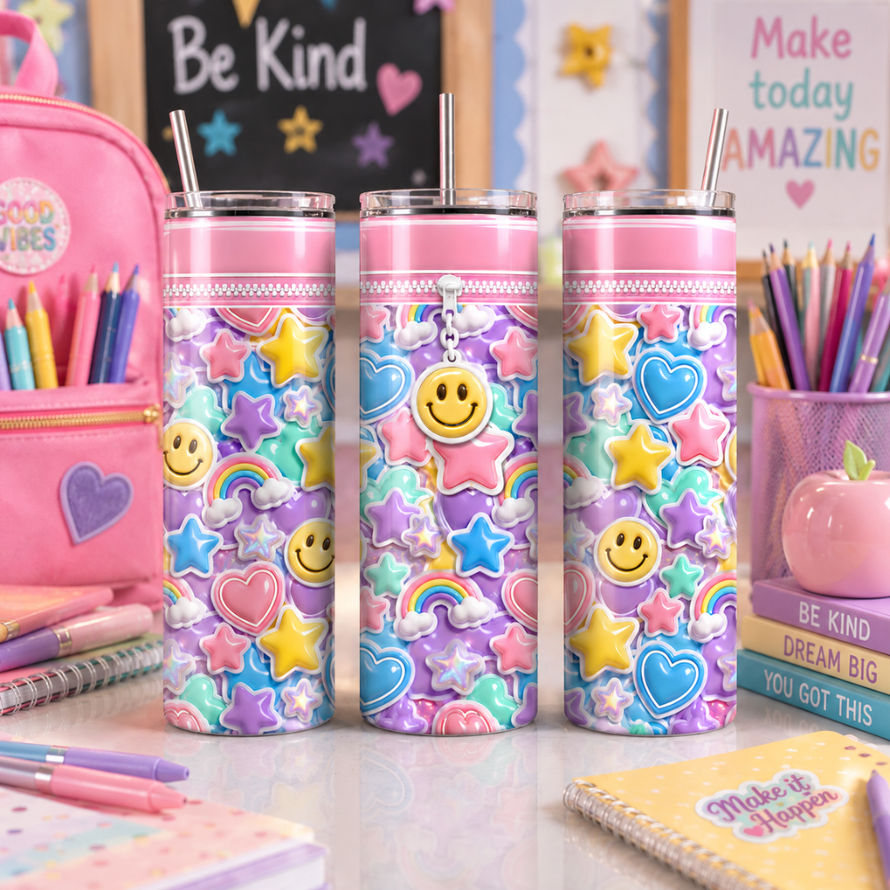 Pastel Back to School Smiley Kawaii Sublimation Design 20 oz Skinny Tumbler Wrap Digital Download