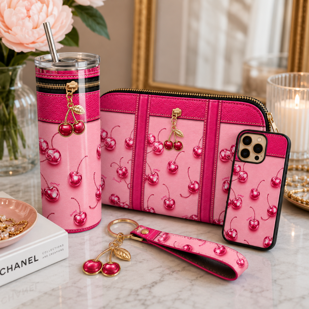 Luxury Pink Cherry Purse-Inspired 20 oz Skinny Tumbler Wrap Sublimation Design Digital Download