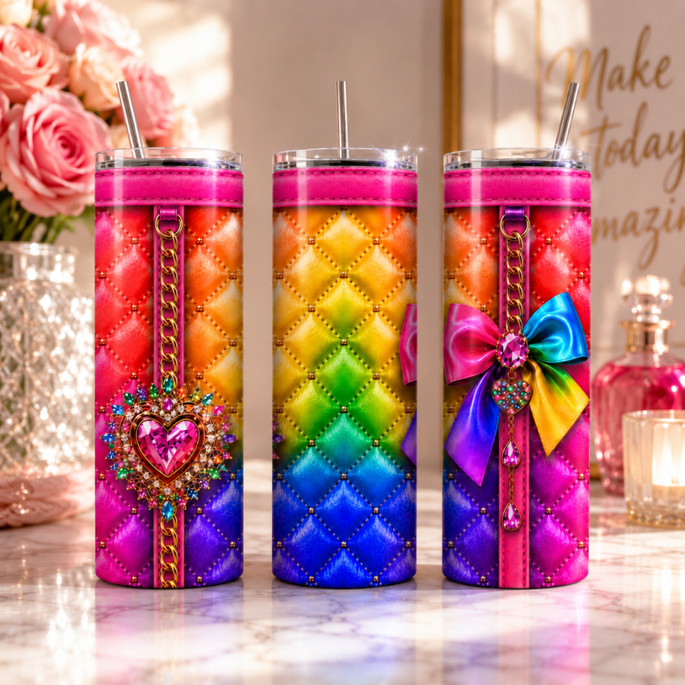 Rainbow Quilted Leather 20 oz Skinny Tumbler Wrap PNG Sublimation Design Digital Download