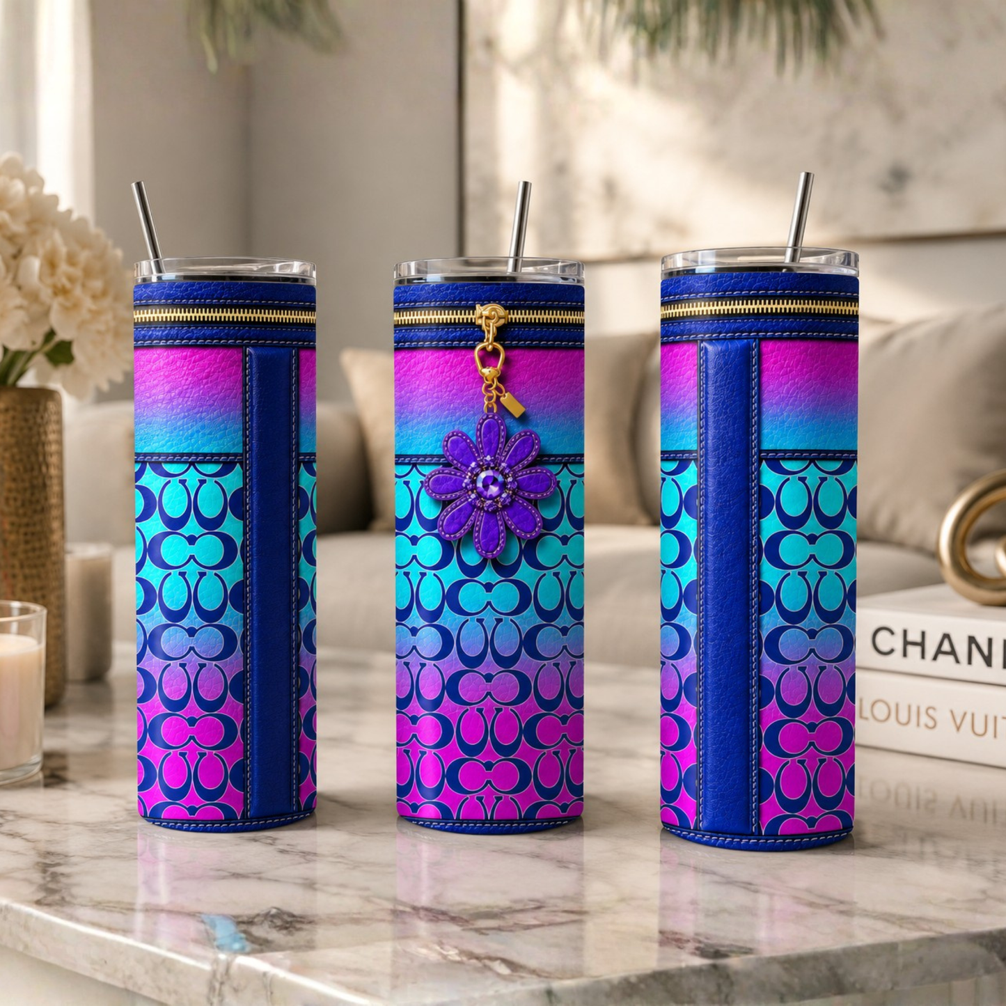 Luxury Blue & Pink Designer Inspired 20 oz Skinny Tumbler Wrap Sublimation Design Digital Download