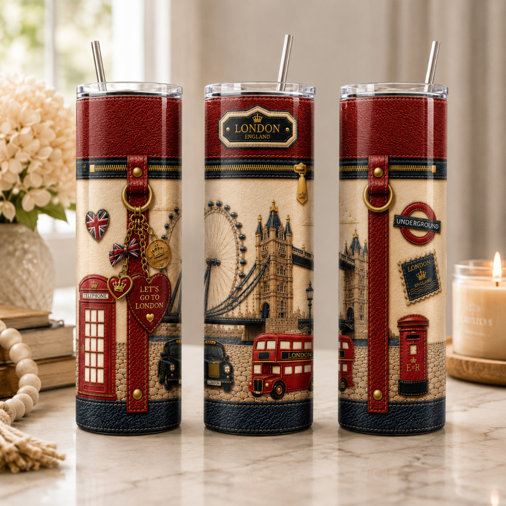 Luxury London Travel 20 oz Skinny Tumbler Wrap Sublimation Design Digital Download