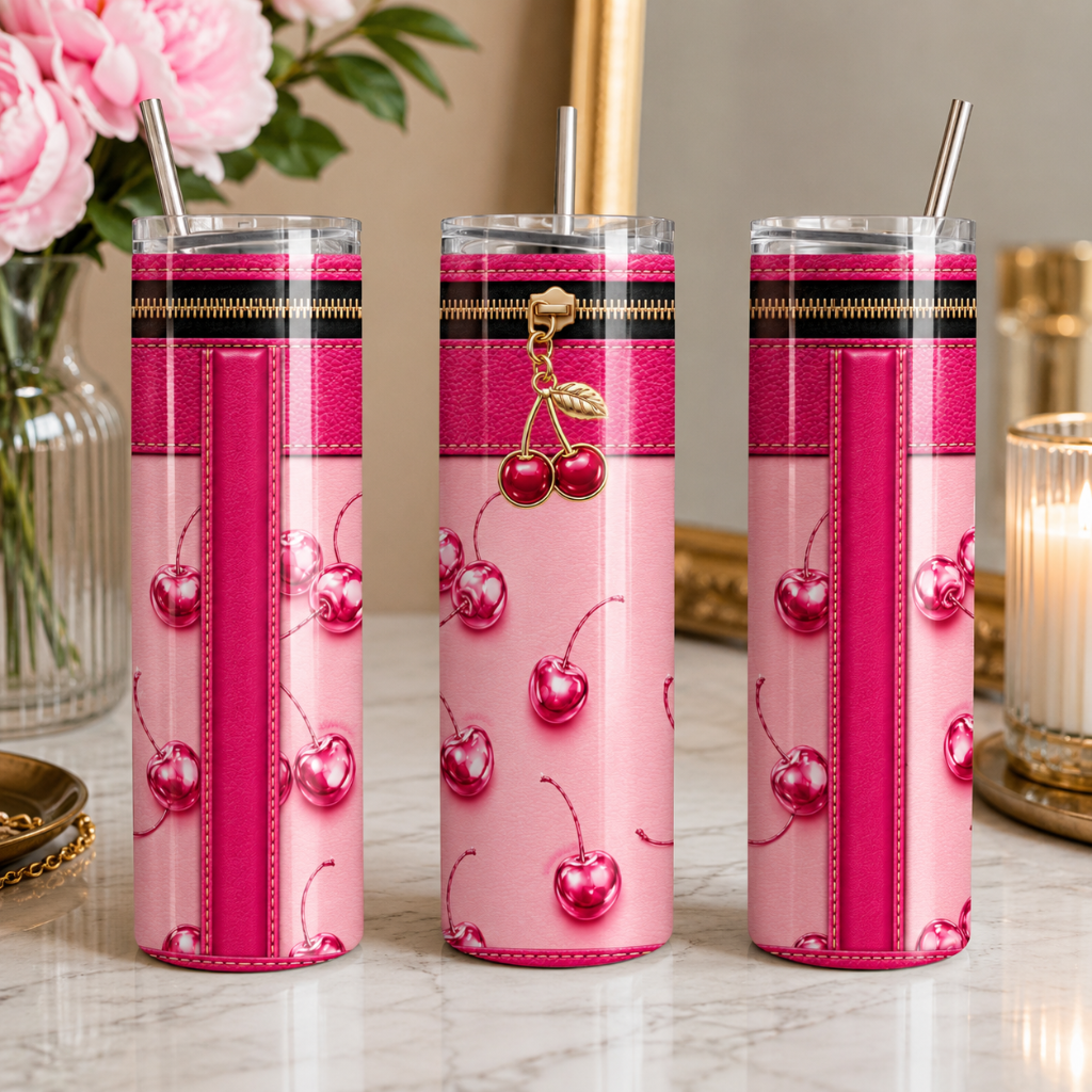 Luxury Pink Cherry Purse-Inspired 20 oz Skinny Tumbler Wrap Sublimation Design Digital Download