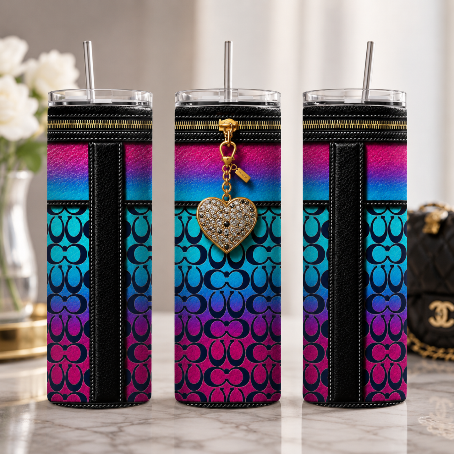 Luxury Gold Heart Designer Inspired 20 oz Skinny Tumbler Wrap Sublimation Design Digital Download
