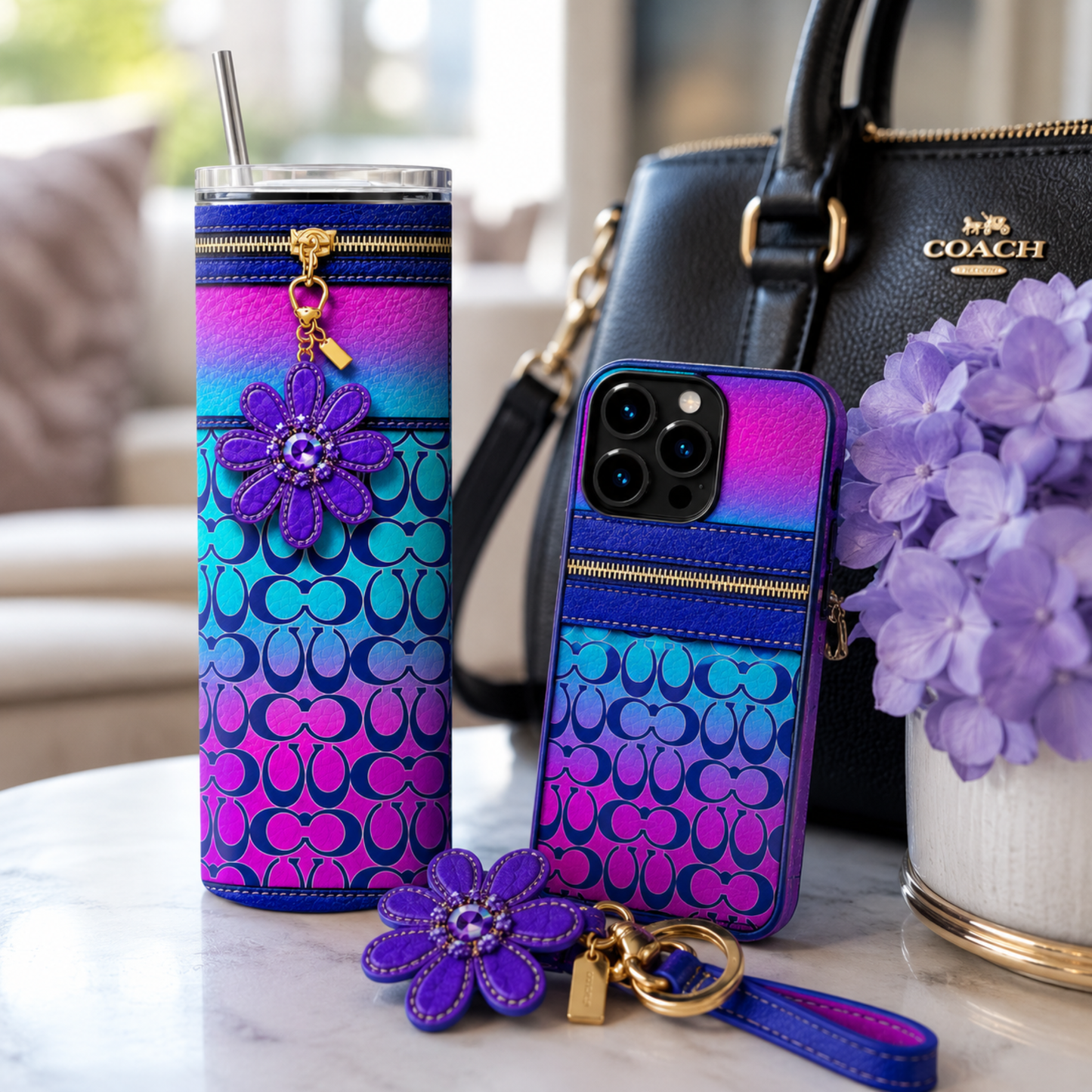 Luxury Blue & Pink Designer Inspired 20 oz Skinny Tumbler Wrap Sublimation Design Digital Download