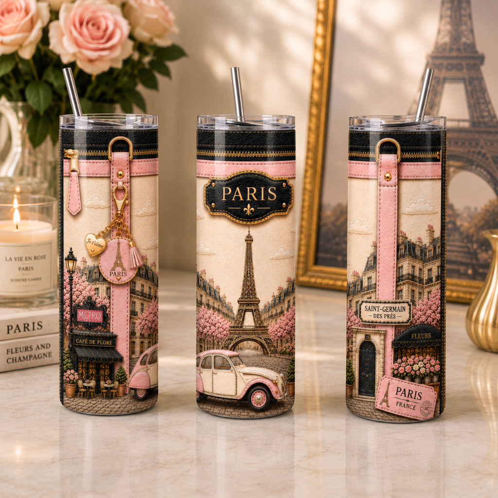 Paris Travel collection Luxury 20 oz Skinny Tumbler Wrap Sublimation Design Digital Download