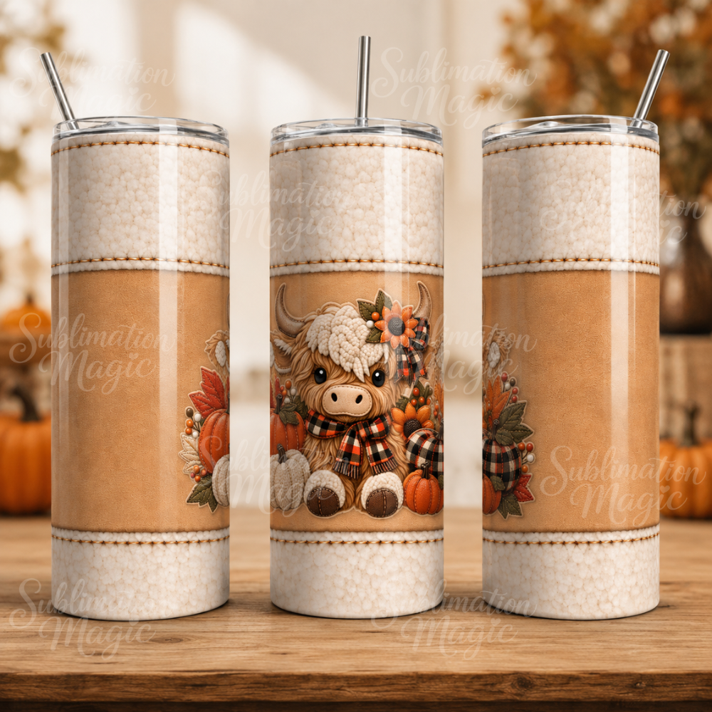 Fall Highland Cow 20 oz Skinny Seamless Tumbler Wrap Sublimation Design Digital Download
