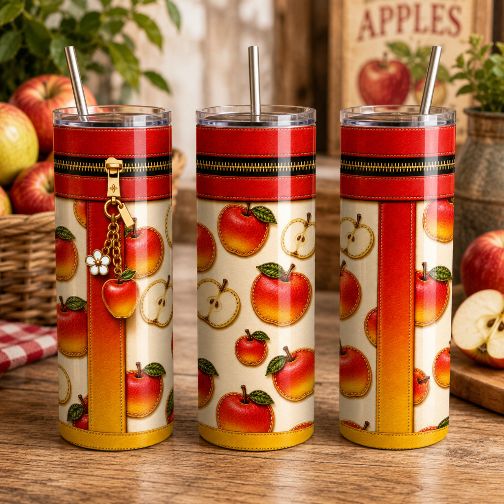 Luxury Red Apple Purse-Inspired 20oz Skinny Tumbler Wrap PNG Faux Leather Sublimation Design Digital Download