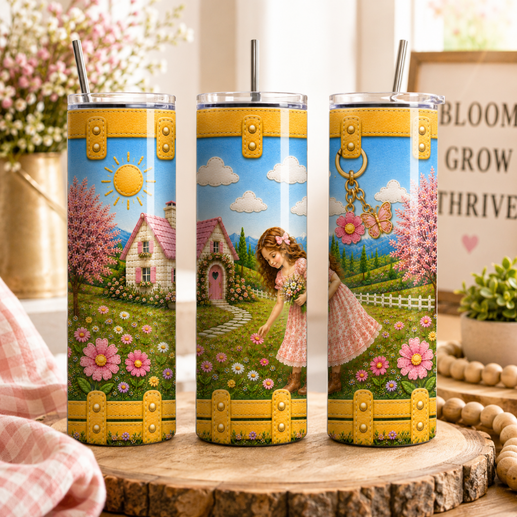 Luxury Cottage Girl 20 oz Skinny Tumbler Wrap Sublimation Design Digital Download