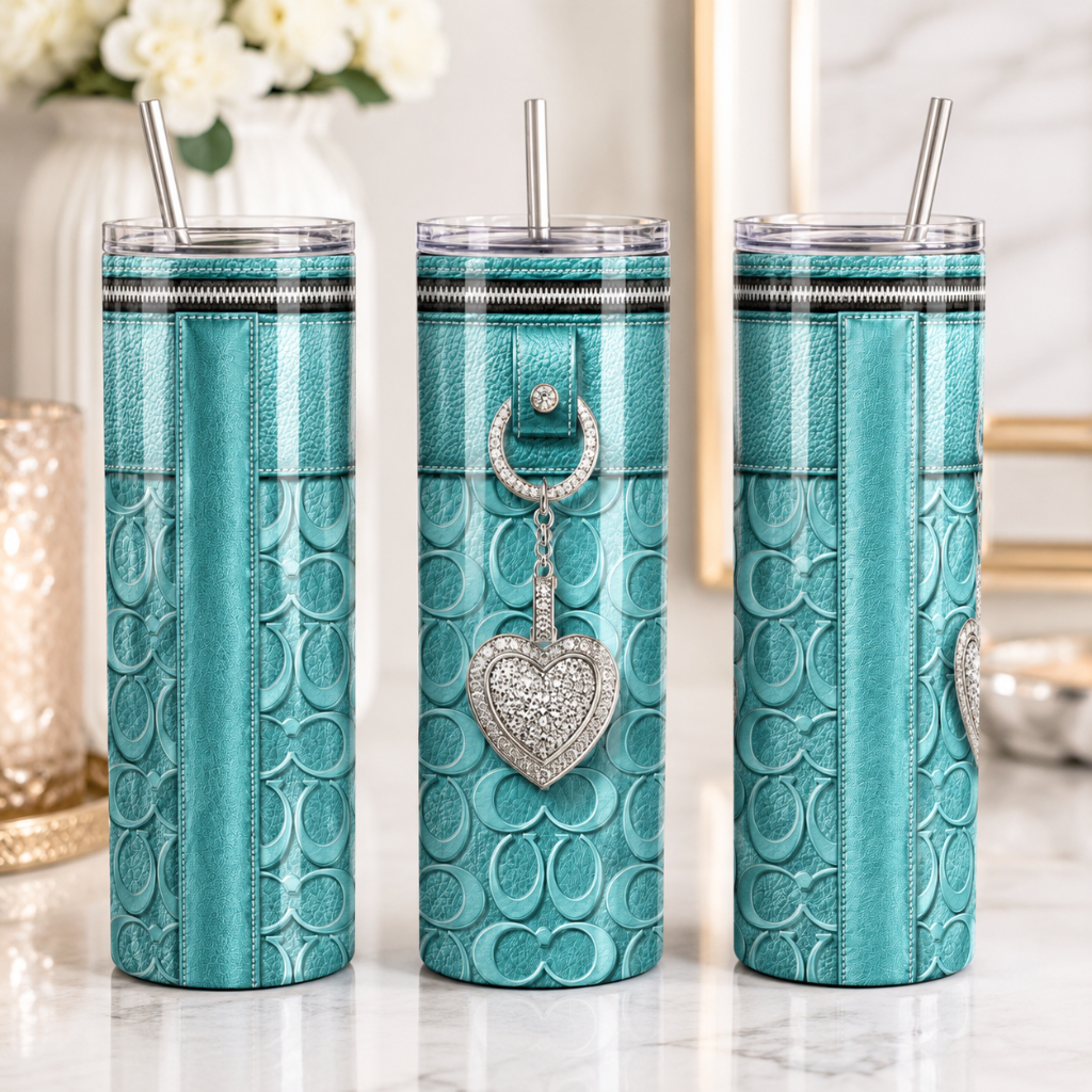 Turquoise Luxury Purse-Inspired 20 oz Skinny Tumbler Wrap PNG Faux Leather Sublimation Design Digital Download