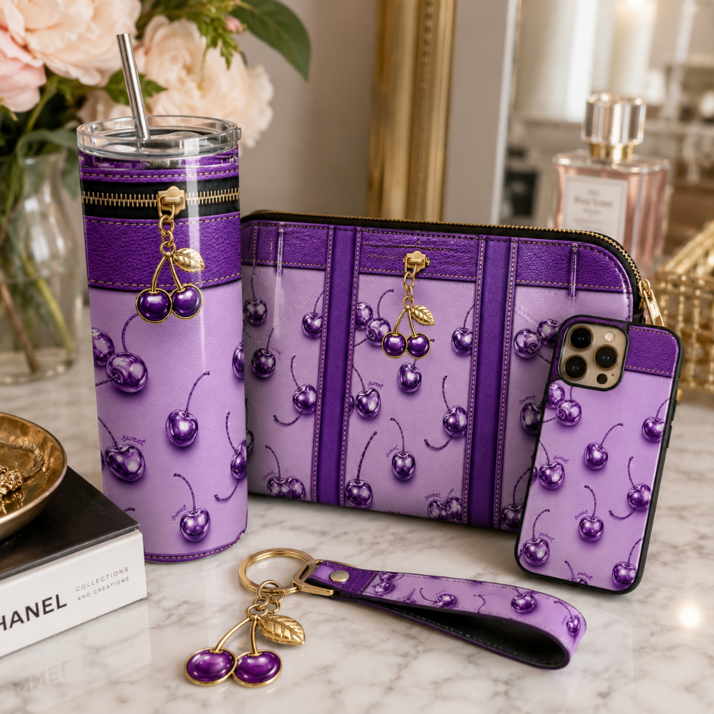 Luxury Purple Cherry Purse-Inspired 20 oz Skinny Tumbler Wrap Sublimation Design Digital Download