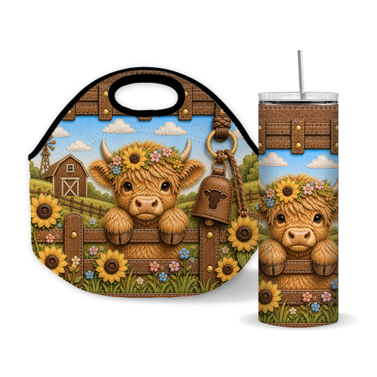Luxury Highland Cow Sunflower 20 oz Skinny Tumbler Wrap Farm Purse-Inspired Sublimation Design Digital Download