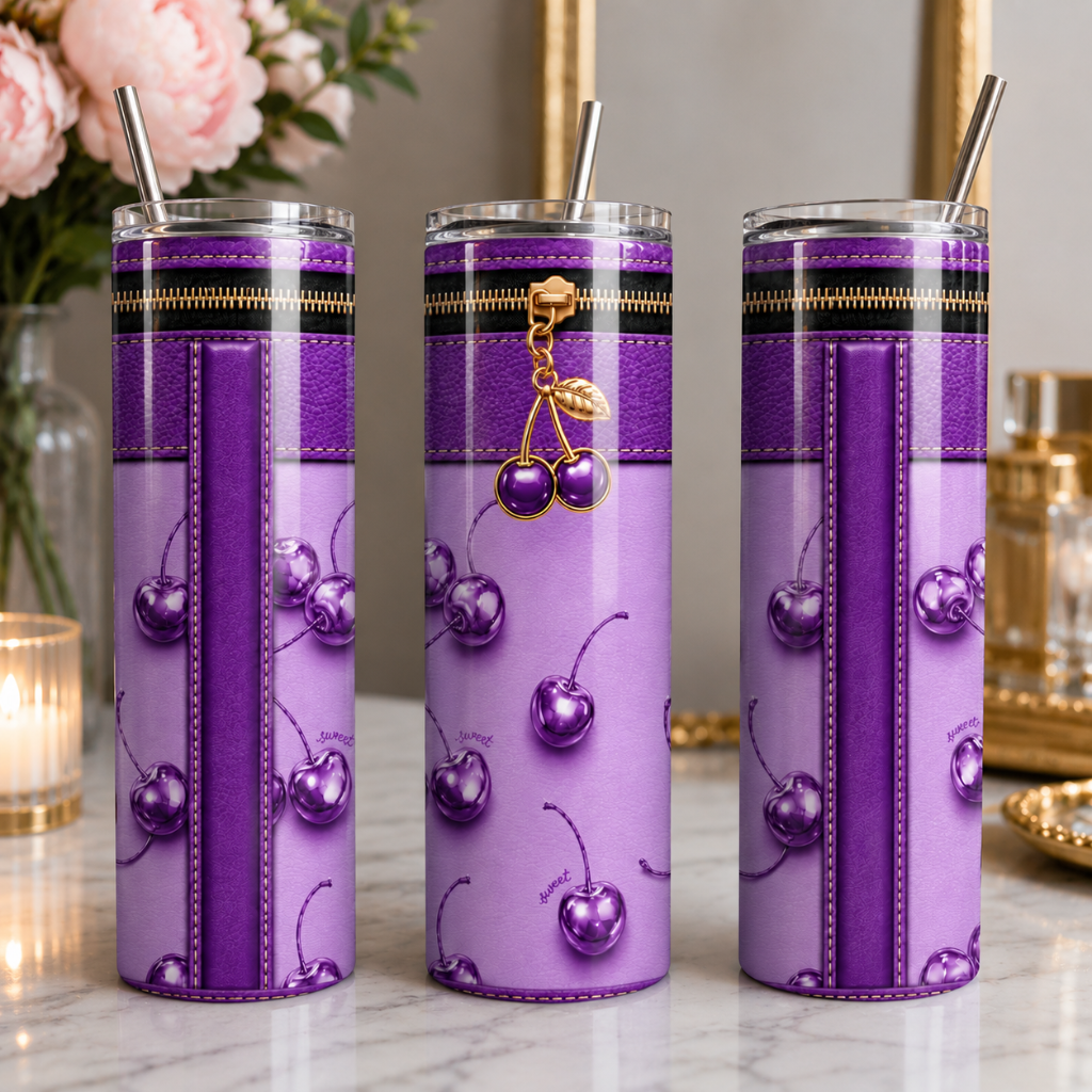 Luxury Purple Cherry Purse-Inspired 20 oz Skinny Tumbler Wrap Sublimation Design Digital Download
