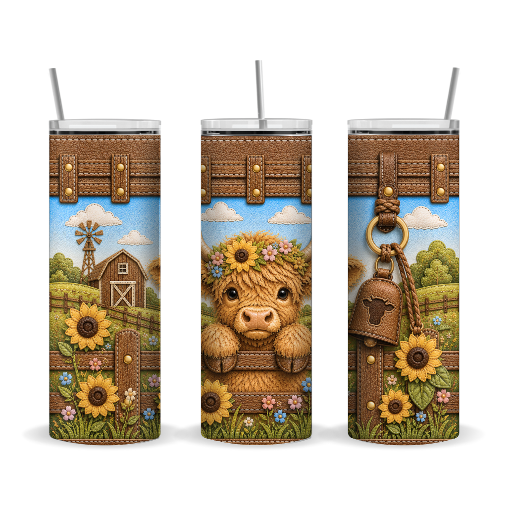 Luxury Highland Cow Sunflower 20 oz Skinny Tumbler Wrap Farm Purse-Inspired Sublimation Design Digital Download