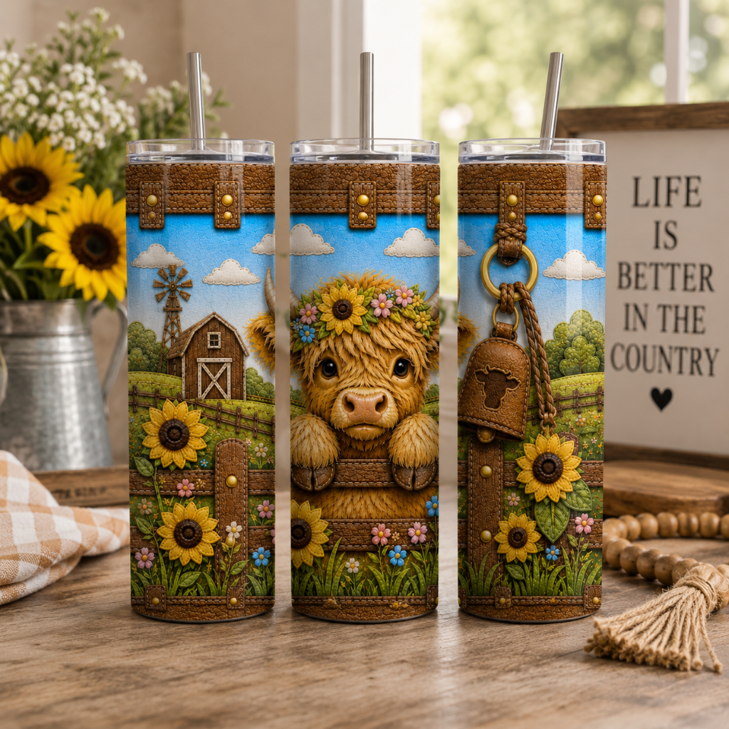 Luxury Highland Cow Sunflower 20 oz Skinny Tumbler Wrap Farm Purse-Inspired Sublimation Design Digital Download