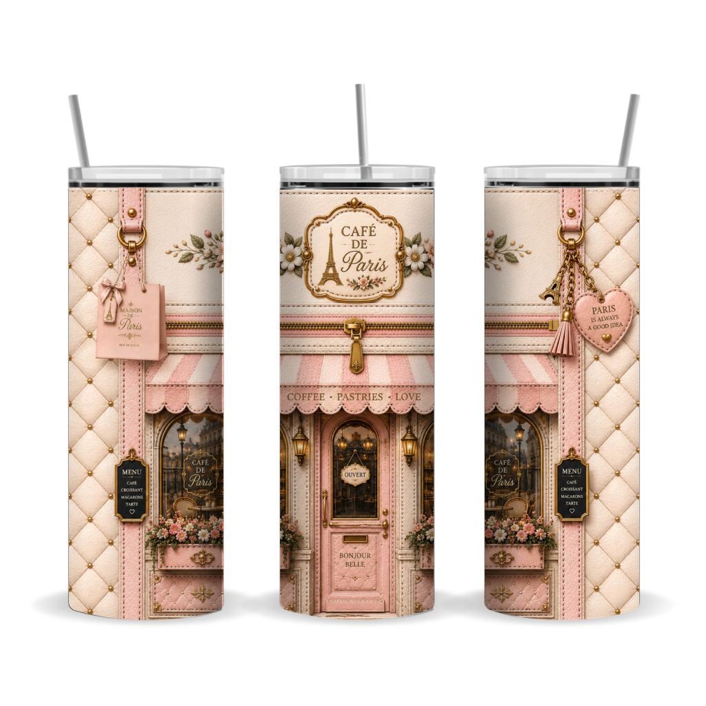 Paris Café Luxury 20 oz Skinny Tumbler Wrap French Café Sublimation Design Digital Download