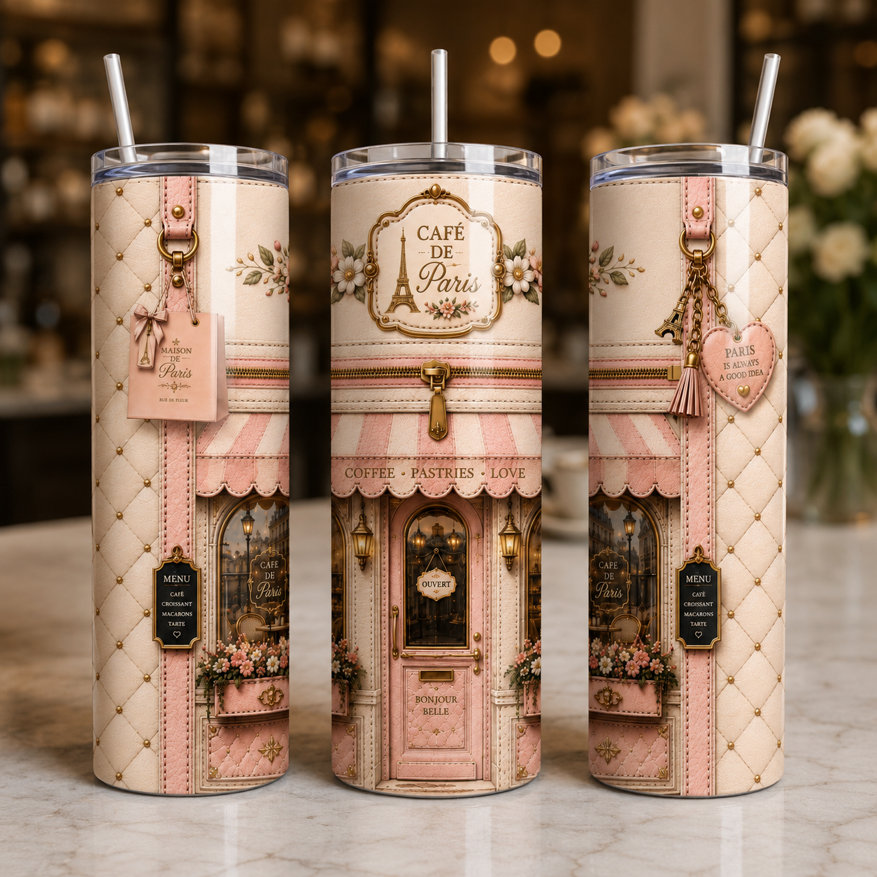 Paris Café Luxury 20 oz Skinny Tumbler Wrap French Café Sublimation Design Digital Download
