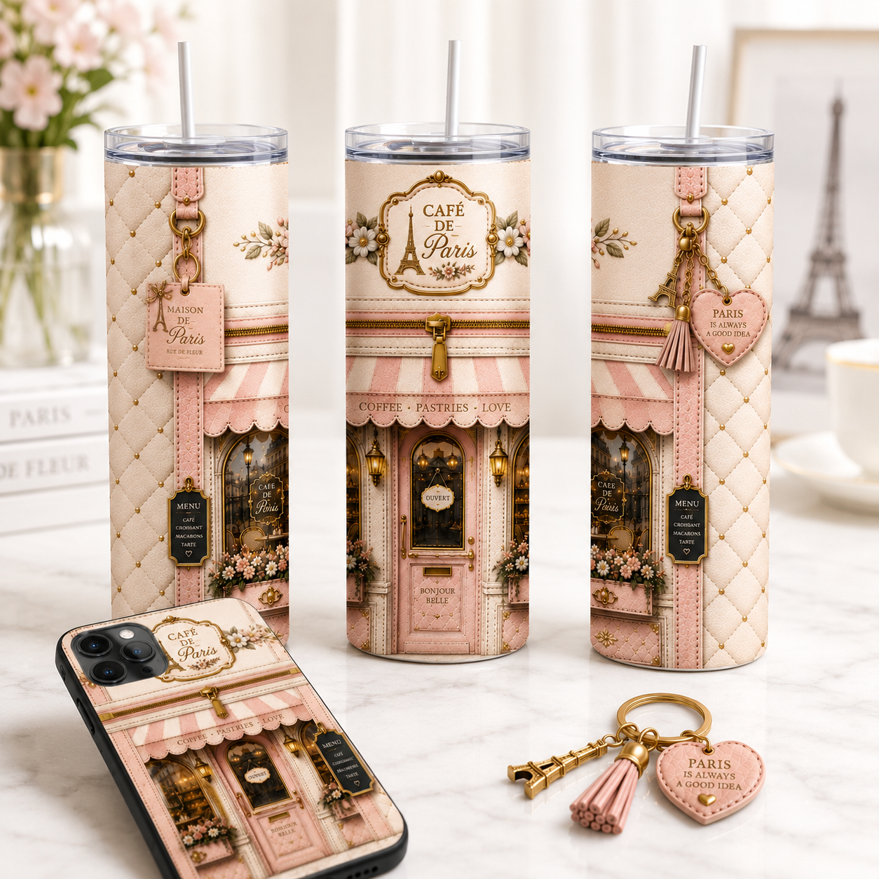 Paris Café Luxury 20 oz Skinny Tumbler Wrap French Café Sublimation Design Digital Download
