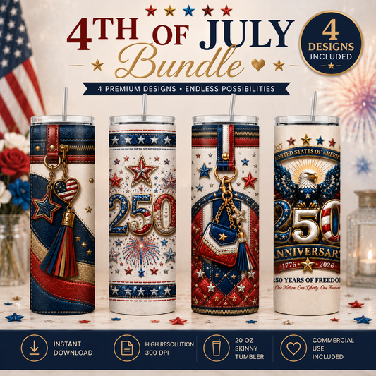 4th of July Luxury Tumbler Wrap Bundle | 4 Premium 20 oz Skinny Tumbler PNG Designs | Patriotic Sublimation Digital Download