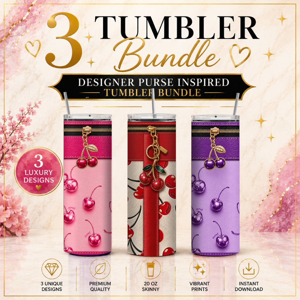 Luxury Cherry Purse-Inspired Sublimation 20 oz Skinny Tumbler Wrap Bundle 3 Premium Designs