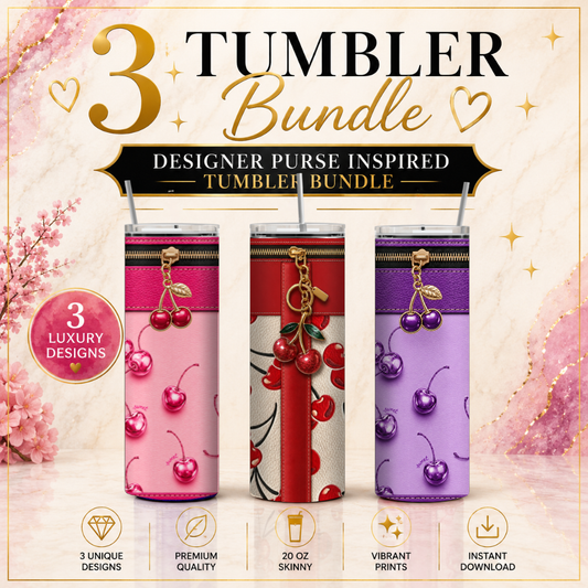 Luxury Cherry Purse-Inspired Sublimation 20 oz Skinny Tumbler Wrap Bundle 3 Premium Designs
